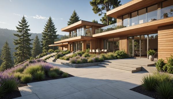 Chalets modernes et terrasses ombragées